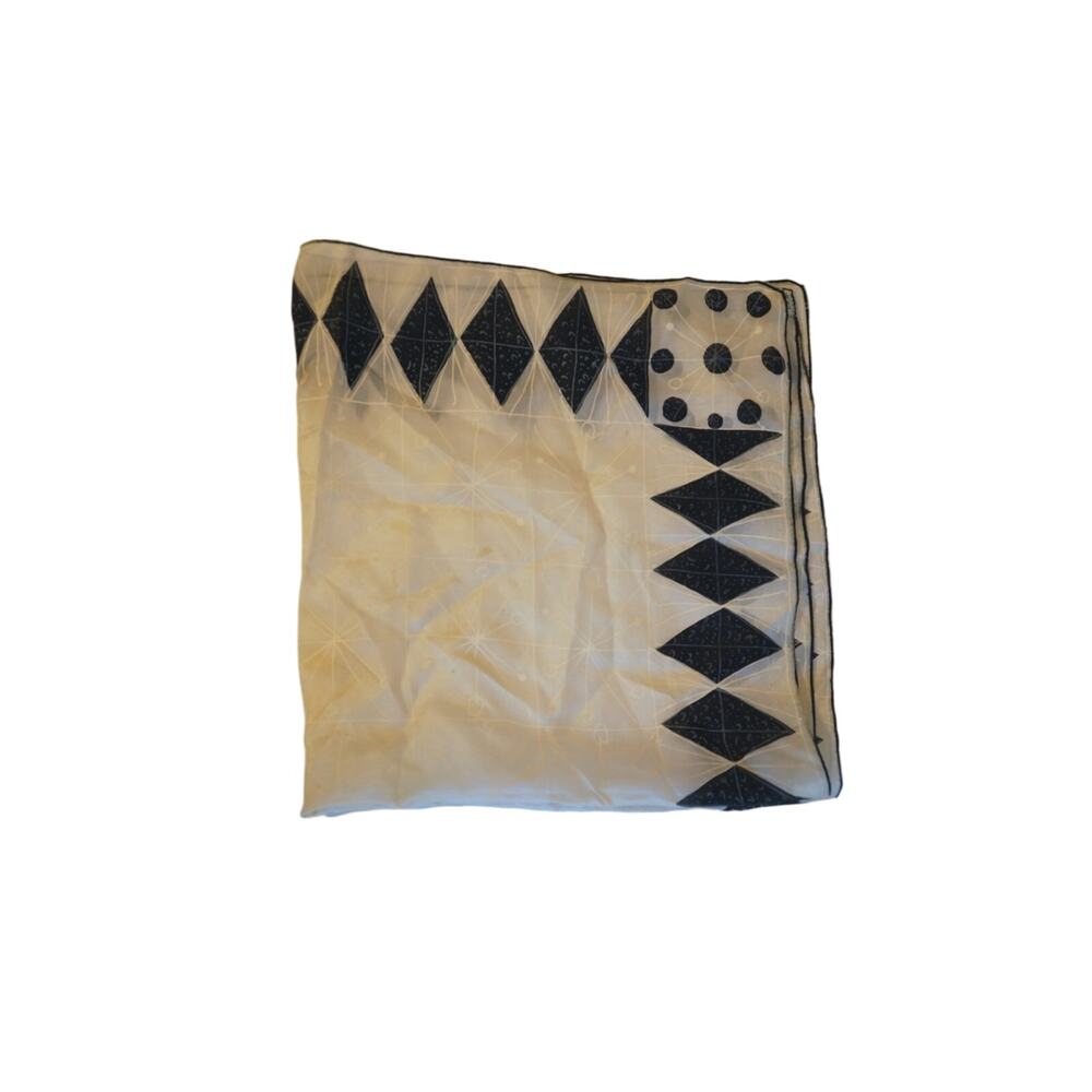 Vintage Sheer Silk Chiffon Scarf Mod Diamond Harlequin Geometric Black Cream